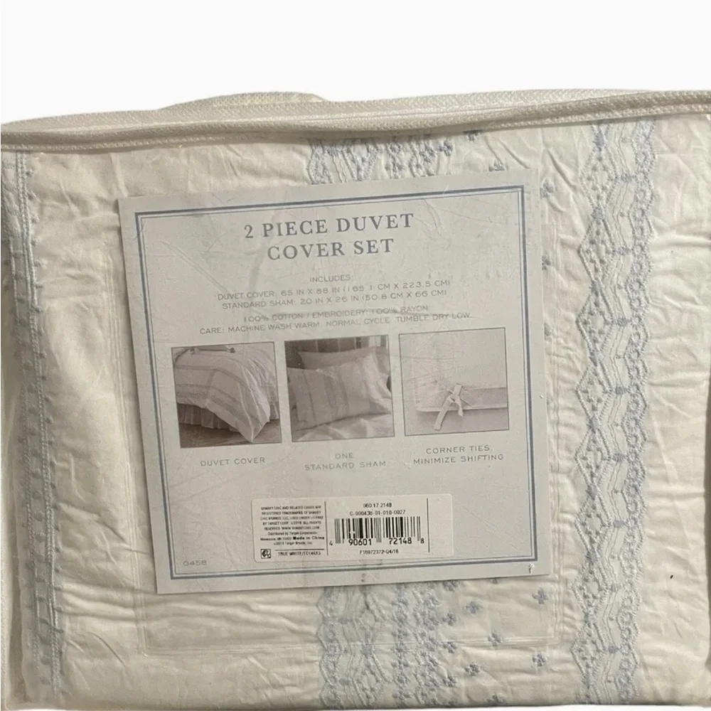 Simply Shabby Chic Duvet Cover With Sham Size Twin White Blue Embroidered Cotton